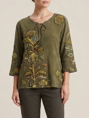Olive Green Embroidered Cotton Beaded 3/4 Sleeve Shirt Peasant Top Size Medium